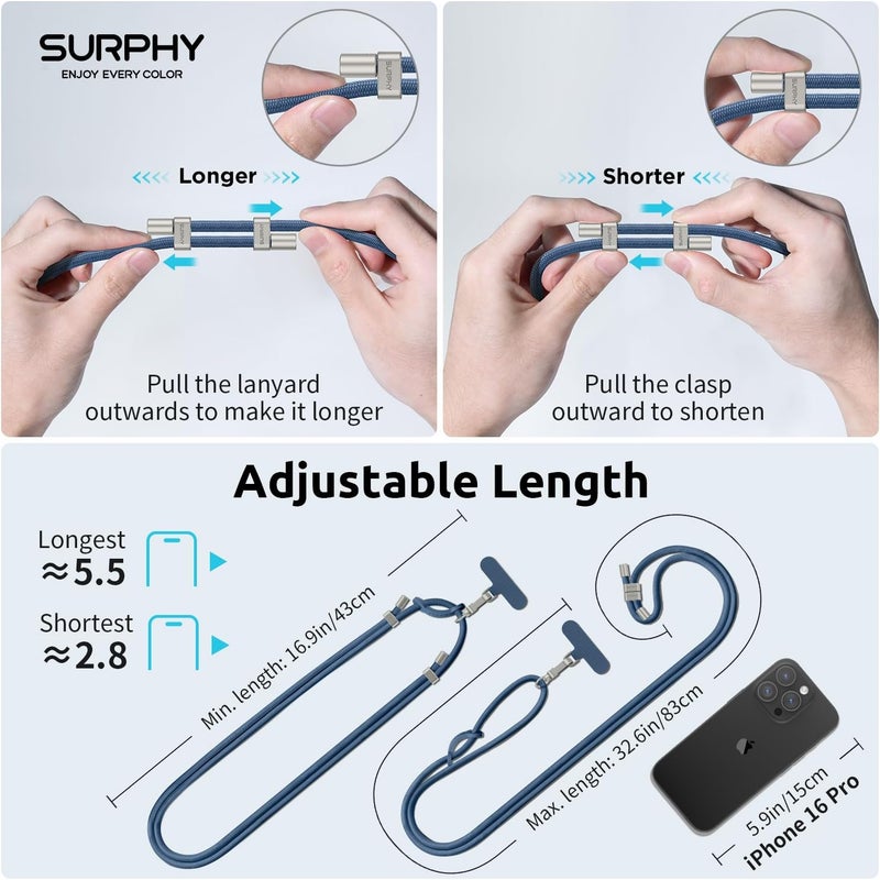 SURPHY Phone Lanyard, Adjustable Phone Strap Crossbody with 2 Pack Cell Phone Tether Tab, Premium Metal Buckles, Skin-Friendly, Universal Cell Phone Lanyard Crossbody for Women and Men, Denim Blue - Image 3